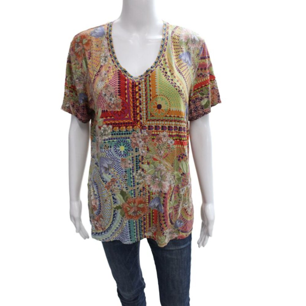 Johnny Was Women Tunic Paisley V Neck Short Sleeve Multi Color Size L